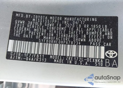 2017 Toyota Corolla Le from USA, damaged, VIN 5YFBURHE0HP678234